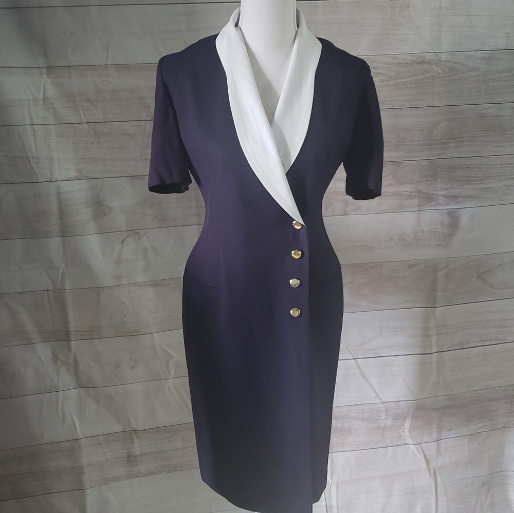 ♤Vintage♡ 80s Sailor Style Collared Wrap Dress